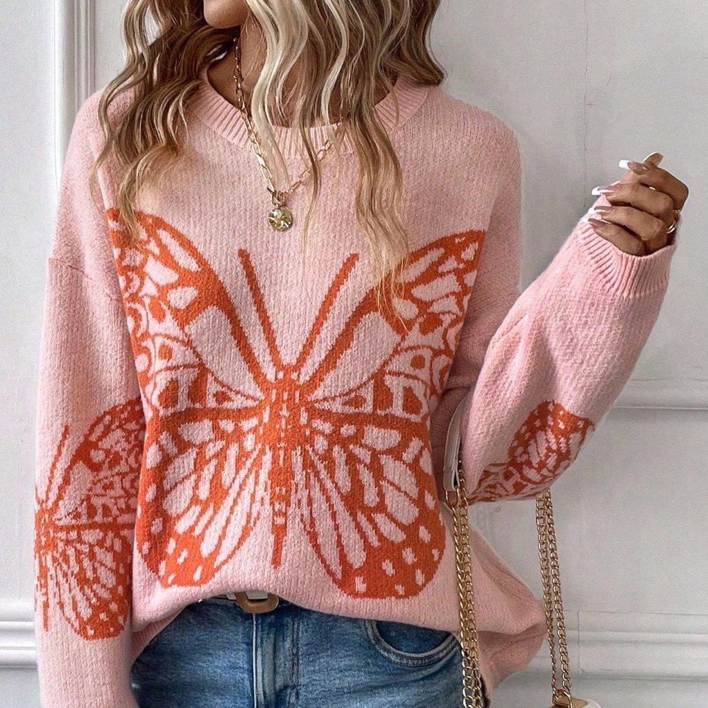 Pink Casual Womens Butterfly Pattern Drop Shoulder Sweater - Picture 5 of 5